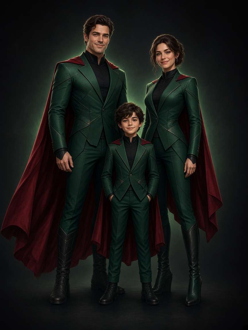 A family in green superhero suits with red capes